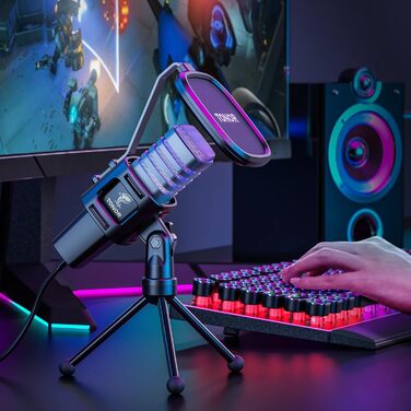 Ігровий USB-мікрофон TONOR TC30 з RGB підсвіткою для ПК, стрімінгу, подкастів, студії, конденсаторний, кардіоїдна спрямованість, з підставкою, для ігор, YouTube, конференцій, співу, сумісний з PS4, PS5