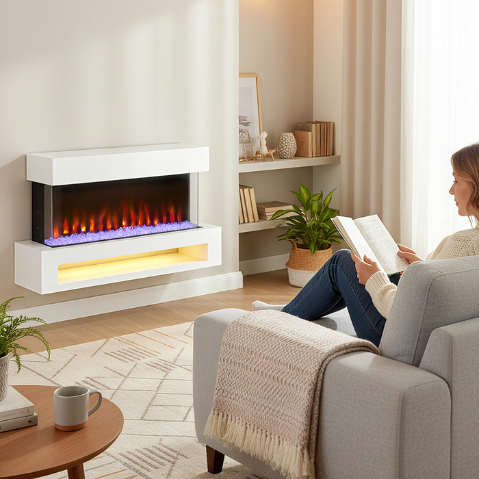 Електрокамін HOMCOM з 11 кольорами полум'я, 10 кольорами кристалічної підстилки, потужністю 1000/2000 Вт, з дистанційним керуванням, універсальний, білий