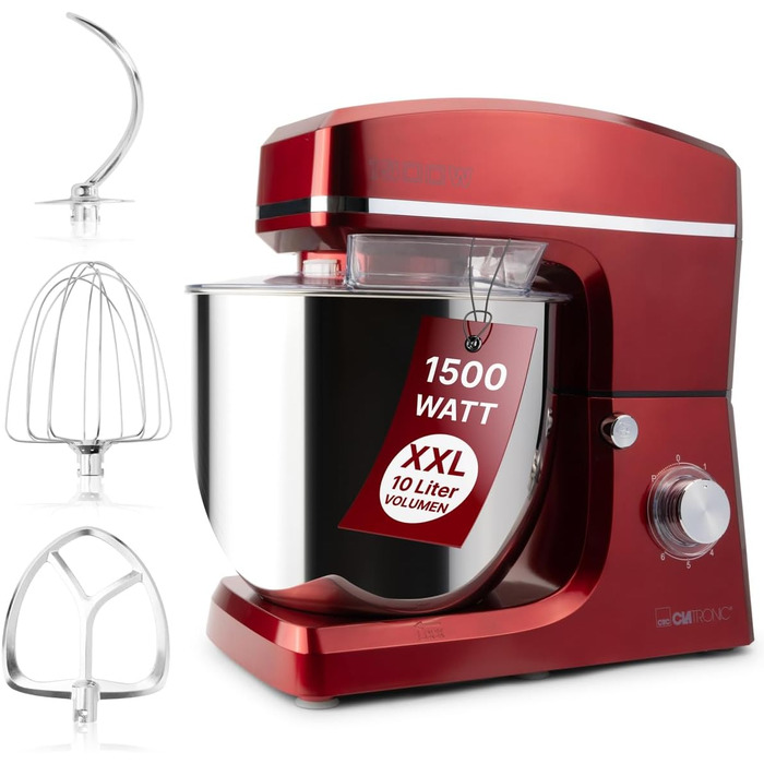 Кухонна машина Clatronic KM 3765 XXL: 10л, 1500W, міксер, гак для тіста, насадка для збивання, захист від розбризкування