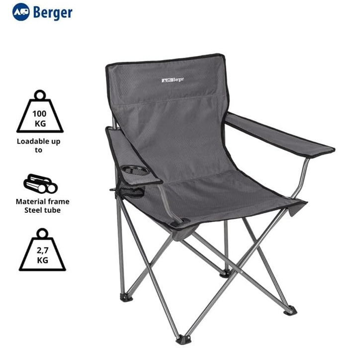 Складний кемпінговий стілець BERGER Easy, м'який, до 100 кг, з підстаканником, легкий, для риболовлі, саду та відпочинку, сірий, у чохлі