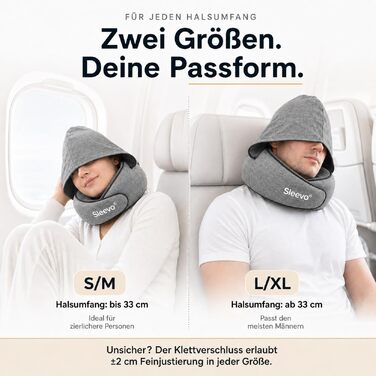 Ергономічна подушка для подорожей з ефектом пам'яті (Memory Foam) та капюшоном-маскою для сну, сіра (розмір M) — для літака, поїзда та авто