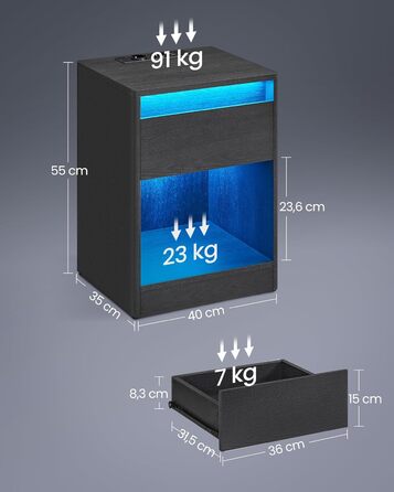 VASAGLE приліжковий столик з LED-підсвіткою, розетками та USB, сучасний, ящик, для спальні і вітальні, чорний