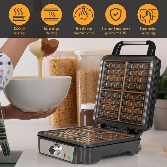 Вафельниця ProfiCook для бельгійських вафель з бельгійською вафельницею Антипригарна поверхня для випікання Плавне підрум'янювання Нержавіюча сталь 1000 Вт PC-WA 1240 (4 поверхні для випікання)