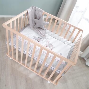 Дитячий манеж-ліжко roba Jumbo Twins 75x100 см, дерев'яний, з матрацем і колесами, регульований по висоті, натуральне дерево