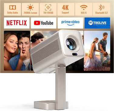 Mini проєктор Smart Beamer 4K з автофокусом, WiFi6, Bluetooth, 28000 люмен, підтримка Netflix та Dolby Audio. Підходить для домашнього кінотеатру та використання на вулиці. Сумісний з телефонами та ПК.