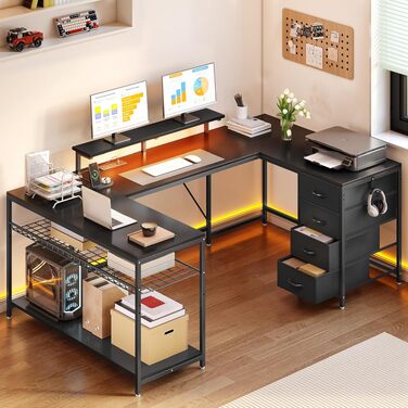 Кутовий письмовий стіл YITAHOME з 4 шухлядами, LED-підсвіткою та USB, 158x100 см - для геймінгу та домашнього офісу, чорний