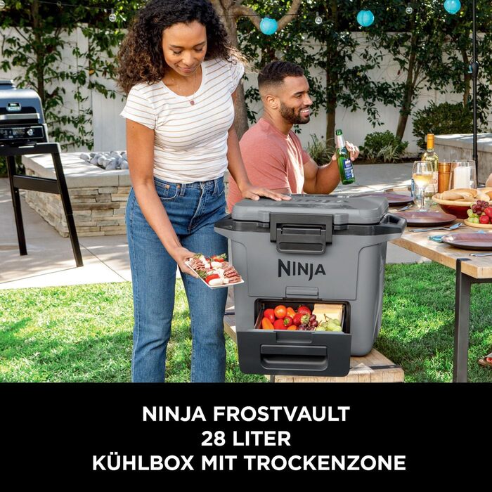 Термобокс Ninja FrostVault 28 л, преміум ізотермічна холодильна коробка, зберігає лід до 6 днів, інтегрована суха шухляда, місткість 48 банок, колір шиферно-сірий