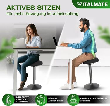 Офісний стілець VITALMATE з регулюванням висоти та неслизьким покриттям - стілець-покрутка для офісу та дому - регульований стійкий стілець для роботи - стійка для стоячи - чорний офісний стілець