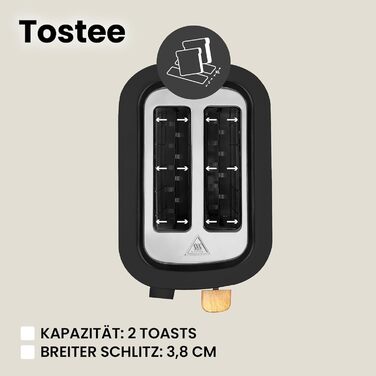 Тостер ZEEGMA TOSTEE на 2 скибки, 820 Вт, режим розморожування, підігріву та зупинки, з лотком для крихт, таймером, корпус з нержавіючої сталі, чорний