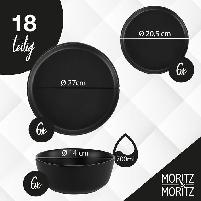 Набір посуду Moritz & Moritz NORDIC на 6 осіб (18 предметів) - чорний керамічний посуд, скандинавський дизайн, міцний набір тарілок для дому та гостей