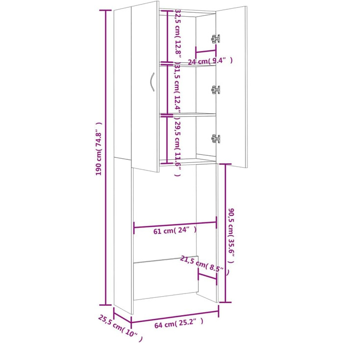 vidaXL Шафа для пральної машини в стилі старого дерева 64x25,5x190 см, полиця для ванної, шафа для пральної, меблі для ванної кімнати