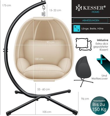 Підвісне крісло-гойдалка KESSER Luxe з м'якою подушкою, підставкою та захистом від погоди, для дому та саду, бежеве, до 150 кг