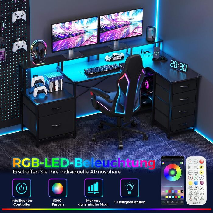 Ігровий кутовий стіл IRONCK L-подібний з LED-підсвіткою, розетками (2AC+1USB+1C), 6 шухлядами та підставкою для монітора, 189x100 см, чорний