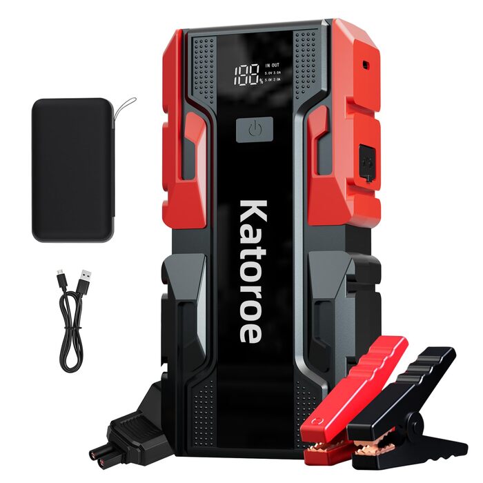 Бустерний пускач автомобіля 6000A з компресором 150 PSI, Powerbank для авто 12V (бензин до 10L, дизель до 8L), з LED-ліхтарем та дисплеєм, червоний