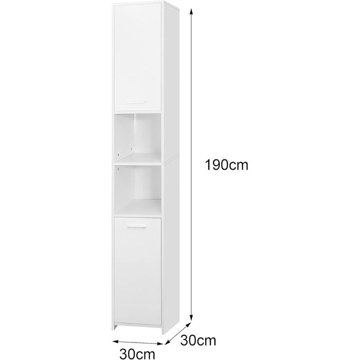 Високий шафа для ванної ML-Design, білий, 30x190x30 см, з 6 відділеннями і 2 дверцятами, вузький шафа для зберігання, МДФ, меблі для ванної кімнати
