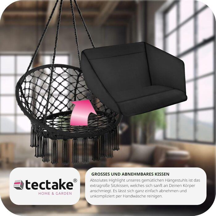 Гойдалка-крісло tectake® для дому та вулиці, підвісне крісло з міцним каркасом і м'якою подушкою, меблі для тераси та балкона, максимальне навантаження 150 кг, чорний колір