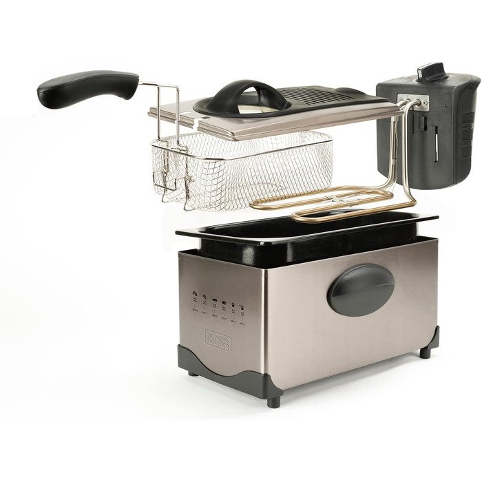 Електрична фритюрниця BLACK+DECKER BXDF2100E, 2100 Вт, 3 л, знімна чаша, нержавіюча сталь, сіра, регулювання температури, легке очищення, підходить для посудомийки
