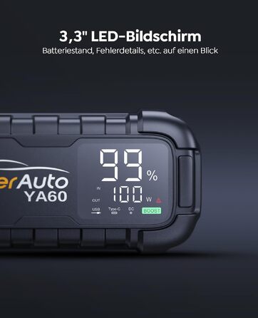 Бустер для автомобіля YaberAuto 8000A, пусковий пристрій Powerbank 26800mAh, 65W USB-C PD, для бензинових та дизельних двигунів до 12.0л, з ліхтарем 600 Лм
