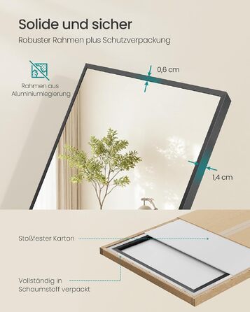Дзеркало підлогове SONGMICS 150x40 см, чорне: прямокутне, в алюмінієвій рамі, з гартованого скла, для спальні, вітальні, передпокою