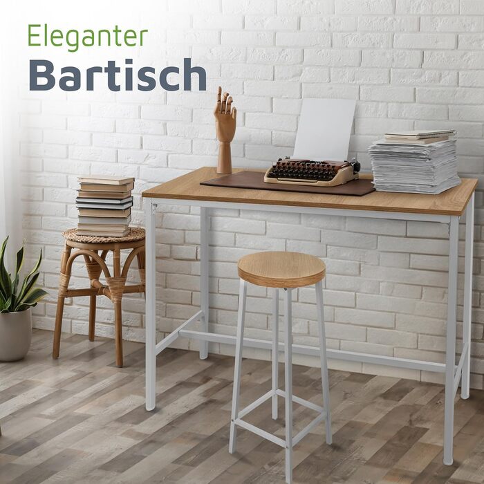 Барний стіл BeFair з дуба та білого кольору, 120x40x100 см, індустріальний стиль, з підніжкою