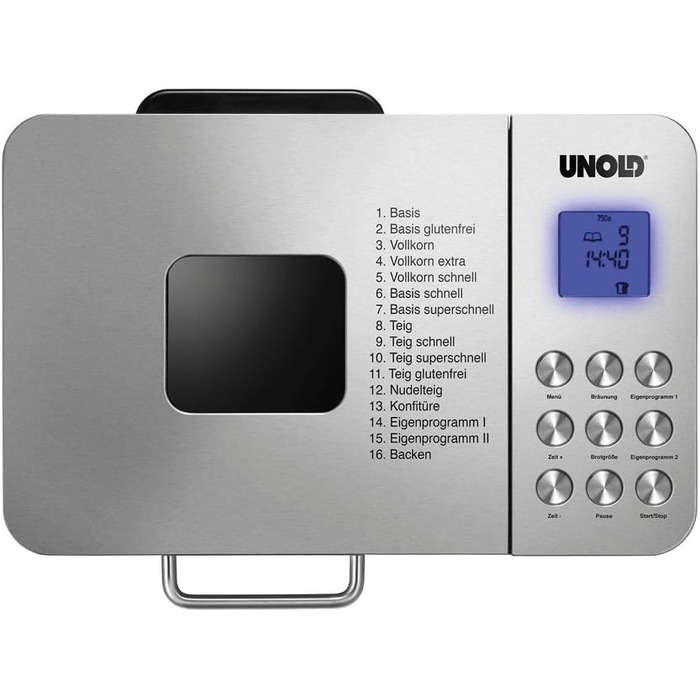 Хлібопіч Unold Backmeister Edel 68456, 550 Вт, 750-1000 г, керамічне покриття, 16 програм, для хліба, джему, тіста, LCD-дисплей, нерж. сталь