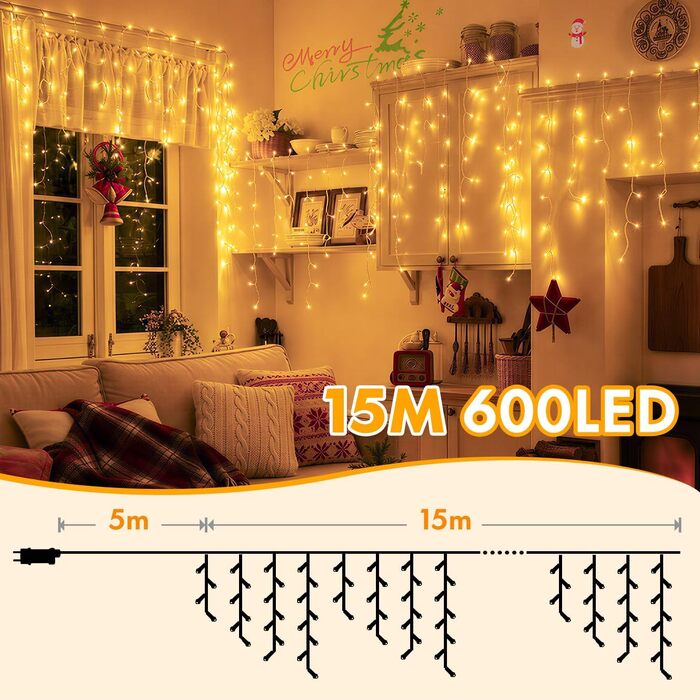 Світлодіодна гірлянда-завіса MAGGIFT 15м, 600 LED для вулиці та дому, різдвяна ілюмінація з пультом, таймером та 8 режимами, IP44 водонепроникна