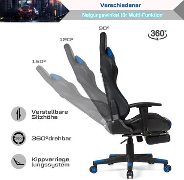 Ігрове крісло RELAX4LIFE 360° з LED підсвіткою, регульованими підлокітниками, спинкою і підніжкою, ортопедичною поперековою та головною підтримкою, для комп'ютера та офісу, синє