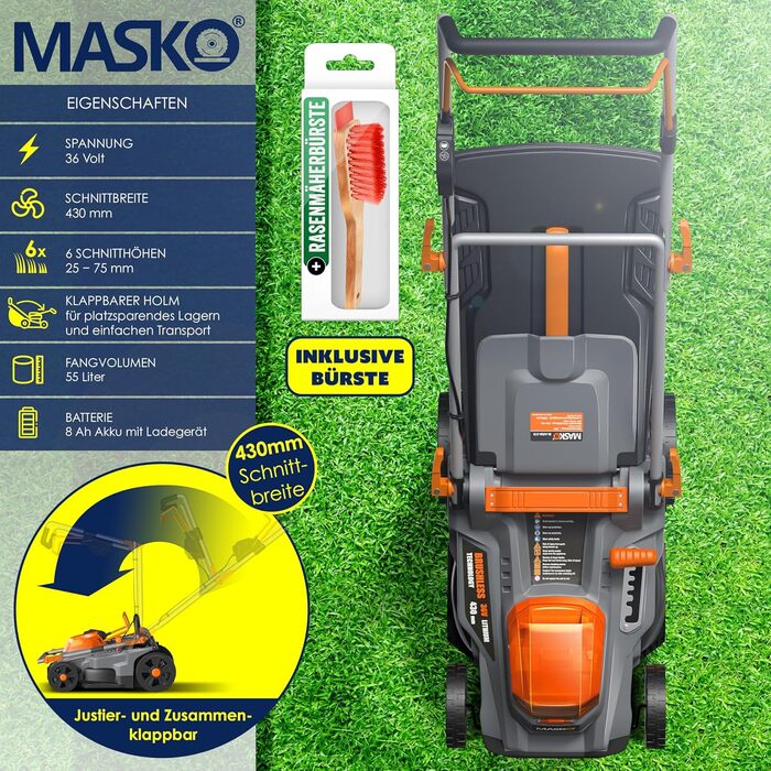 Акумуляторний газонокосарка MASKO з функцією мульчування, 2 акумулятори Li-Ion 4Ah, подвійний зарядний пристрій, триммер, ширина косіння 37 см, 6 положень висоти, кошик 40 л, площа до 600 м², в комплекті рукавички та щітка (ширина косіння 43 см, чорний/по