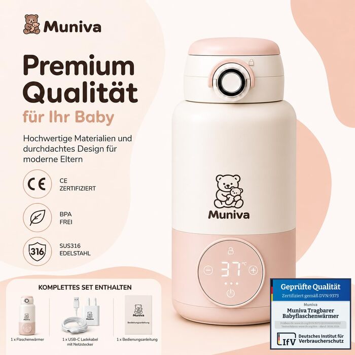 Портативний підігрівач пляшечок для годування Muniva® на 450 мл з режимом підтримки тепла, для подорожей