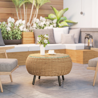 Outsunny Poly Rattan Бічний столик Круглий журнальний столик Журнальний столик зі скляною стільницею Балконний стіл Садовий стіл Диванний стіл Чайний столик Ротанговий стіл для саду Патіо Балкон, Ø75 x 42 см Коричневий