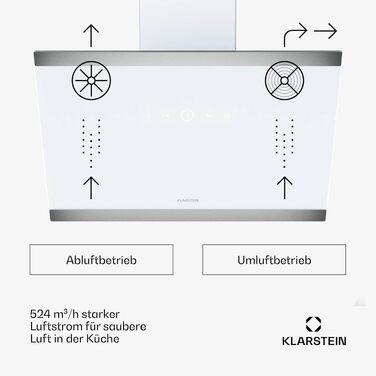 Витяжка кухонна Klarstein FlashLine 60 см, біла — сенсорне керування, продуктивність 524 м³/год, клас енергоефективності A++, LED-підсвітка, режим відведення та рециркуляції повітря
