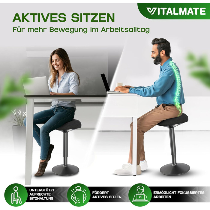 Офісний стілець VITALMATE з регулюванням висоти та неслизьким покриттям - стілець-покрутка для офісу та дому - регульований стійкий стілець для роботи - стійка для стоячи - чорний офісний стілець