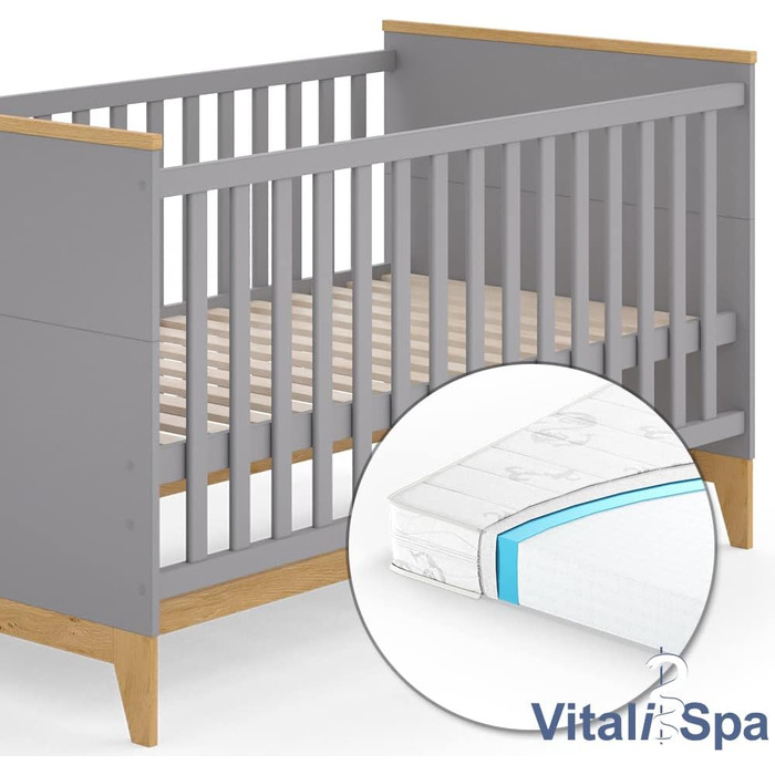 Дитяче ліжечко VitaliSpa Malia 70x140 см, сіре/дуб, з матрацом