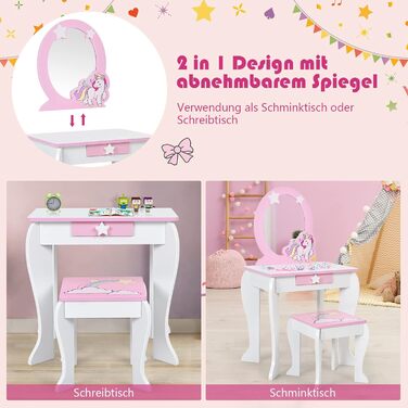 Дитячий туалетний столик з дзеркалом і табуретом DREAMADE, білий, для дівчаток, з висувною шухлядою, знімне дзеркало, ігровий косметичний столик принцеси