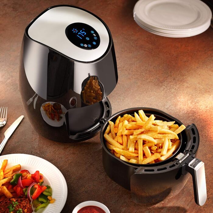 tectake® Аерофритюрниця (Airfryer) 3,6 л, сенсорний дисплей, 7 програм, без масла і жиру, підходить для посудомийної машини, з аксесуарами та кулінарною книгою, чорна