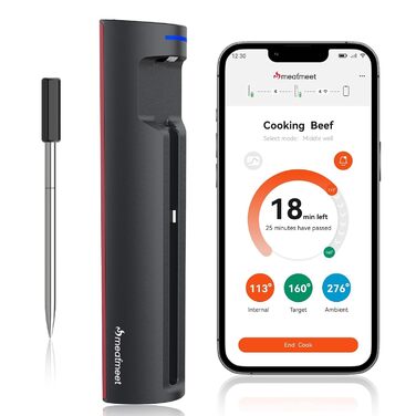 Бездротовий термометр для м'яса з Wi-Fi та Bluetooth, моніторинг через додаток, таймер та сповіщення, водонепроникний (IP67) та маслостійкий, для BBQ, духовки, гриля, кухні MMP1