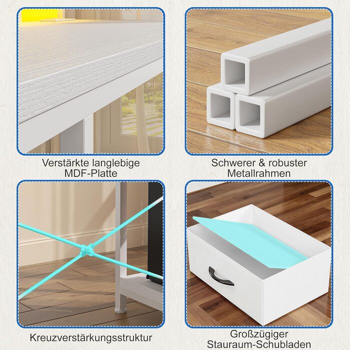 Ігровий стіл L-подібний з LED, 3 шухлядами, USB-зарядкою та розеткою 140x80 см, білий - для дому та геймінгу