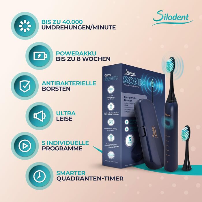 Електрична зубна щітка Silodent Midnight Blue з антисептичною щетиною. 5 програм, Power-батарея, чохол для подорожей. Тестовий лідер, 100 днів без ризику.