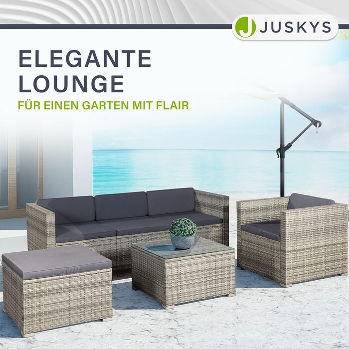 Садовий набір меблів Juskys Polyrattan Punta Cana для 4-5 осіб: диван, крісло, пуф, стіл, подушки - Чорно-сірий (меланж / темно-сірий)