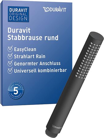 Універсальна ручна душова лійка Duravit, кругла, чорний мат, режим Rain, силіконові насадки для легкого очищення