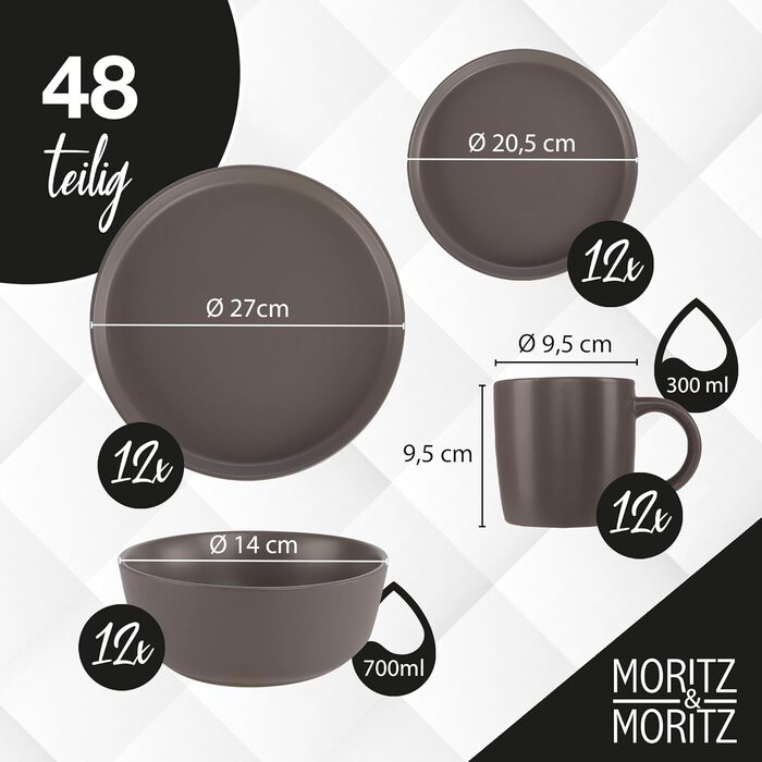 Набір кавових чашок Moritz & Moritz NORDIC, 6 шт., 300 мл, кераміка, сірий колір, з ручкою. Підходять для кави, чаю, капучино. Комплект посуду (48 предметів)