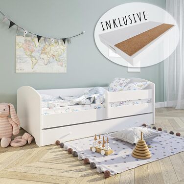 Дитяче ліжко Kids Collective 160x80 см з матрацом, висувною шухлядою, бортиком і ламелями, біле
