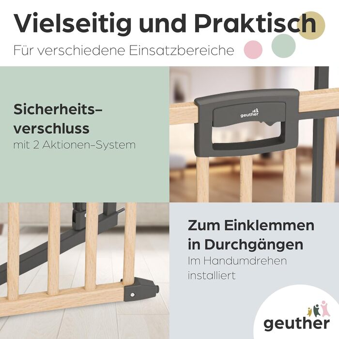 Захисний бар'єр Geuther Easylock Plus для сходів та дверей (152,5-160,5 см) - дерев'яно-металевий, без свердління, двосторонній, сірий/натуральний