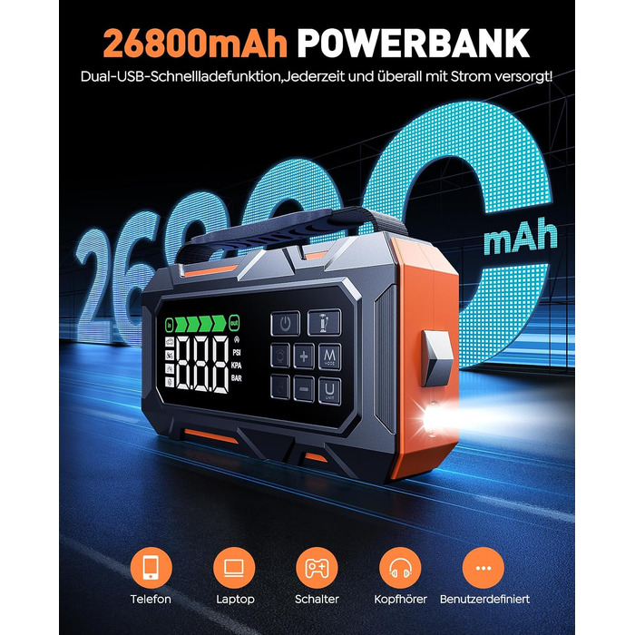 Пусковий пристрій 14-в-1 для авто 8000A з компресором 160 PSI, Powerbank 26800mAh, бустер для бензинових та дизельних двигунів (до 12л), з LED-ліхтарем та набором для ремонту шин