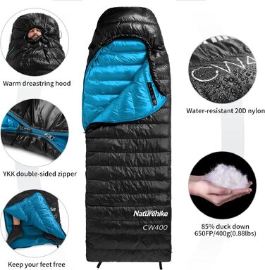 Ультралегкий спальний мішок Naturehike CW400 RDS пуховий, чотирьохсезонний для кемпінгу та подорожей, чорний (6°C, розмір M)