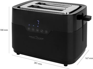 Тостер ProfiCook на 2 скибки з насадкою для булочок, широким отвором, 7 режимів підсмажування, функція розморожування, сенсорне керування, нержавіюча сталь, чорний матовий