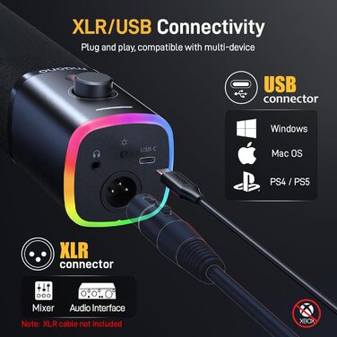 Динамічний мікрофон MAONO PD100X XLR/USB для стрімінгу, подкастів, геймінгу, YouTube, з програмним забезпеченням, кнопкою вимкнення звуку та регулятором гучності, сумісний з ПК, PS4/5, Mac