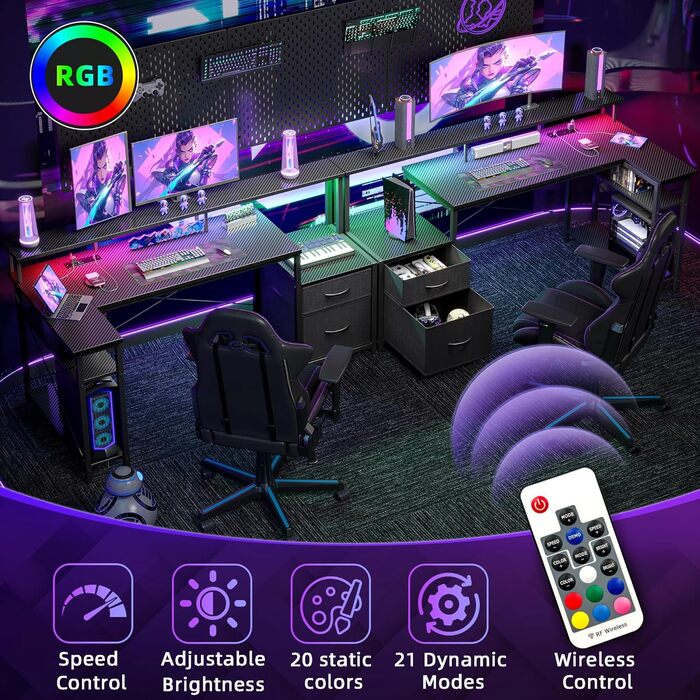 Кутовий стіл BEXEVUE з розетками та LED-підсвіткою, 150x80 см. Сучасний кутовий стіл з 2 висувними ящиками, регульовані полиці, великий підставкою для монітора, для роботи, навчання та геймінгу. Чорний колір.