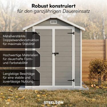 Садовий будиночок STEELSØN Novara 210x134x182 см – пластиковий, сірий, з вікном та двосхилим дахом – для інструментів та зберігання