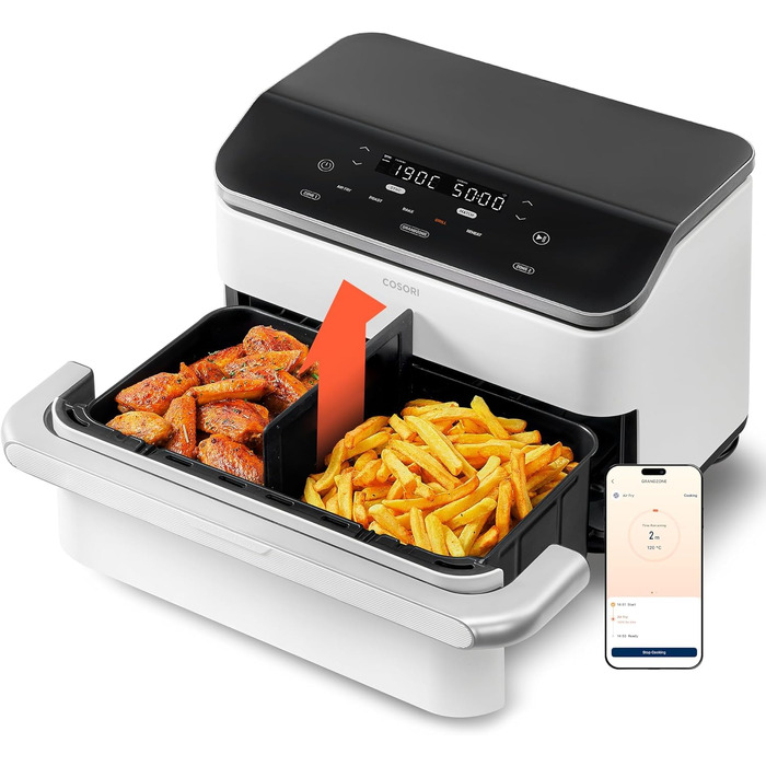 Аерофритюрниця з двома чашами COSORI Dual Blaze TwinFry 10 л, керамічне антипригарне покриття, 4 нагрівальні елементи, до 240°C, колір кремовий білий